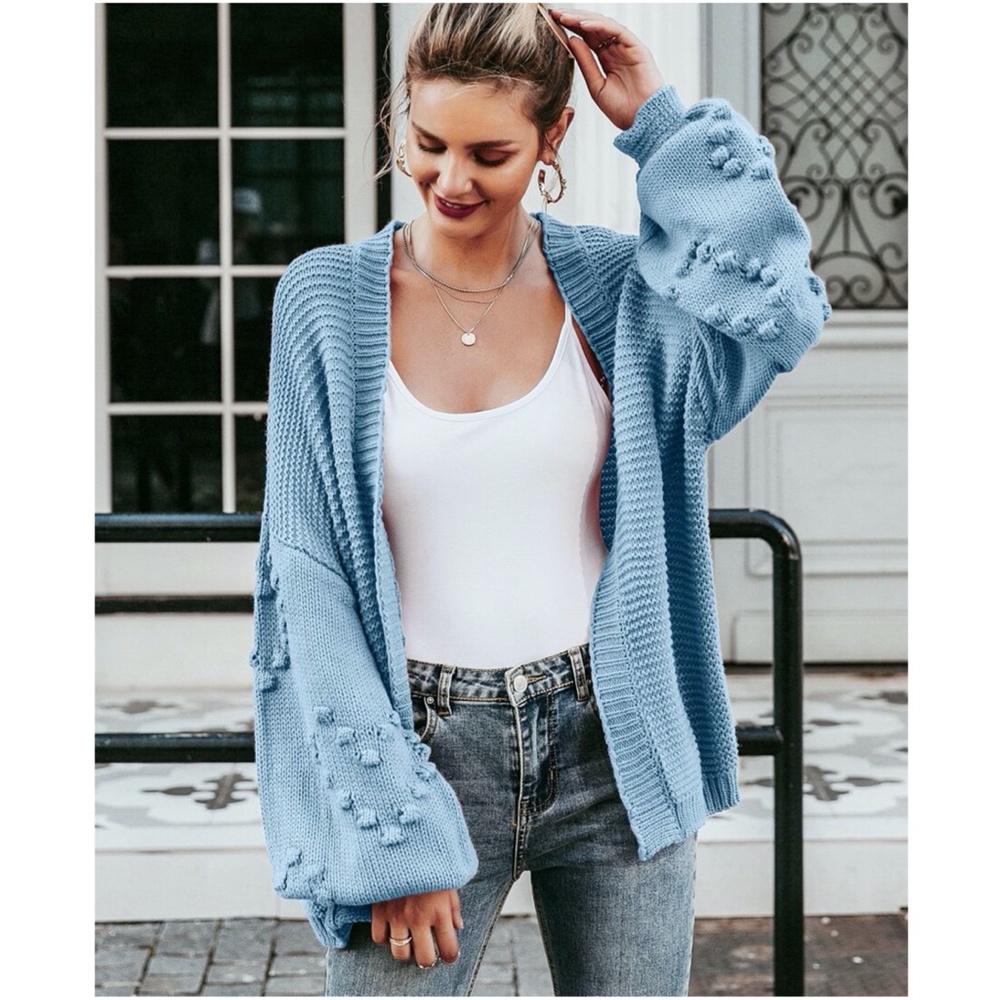 sky blue pom pom knit lantern sleeve cardigan swea - Picture 1 of 10